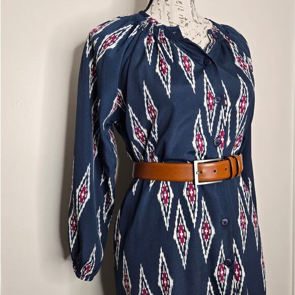 TUCKER Navy and Red Geometric Aztec Pattern Dress Long Sleeve Button Front Sz S - Picture 11 of 14